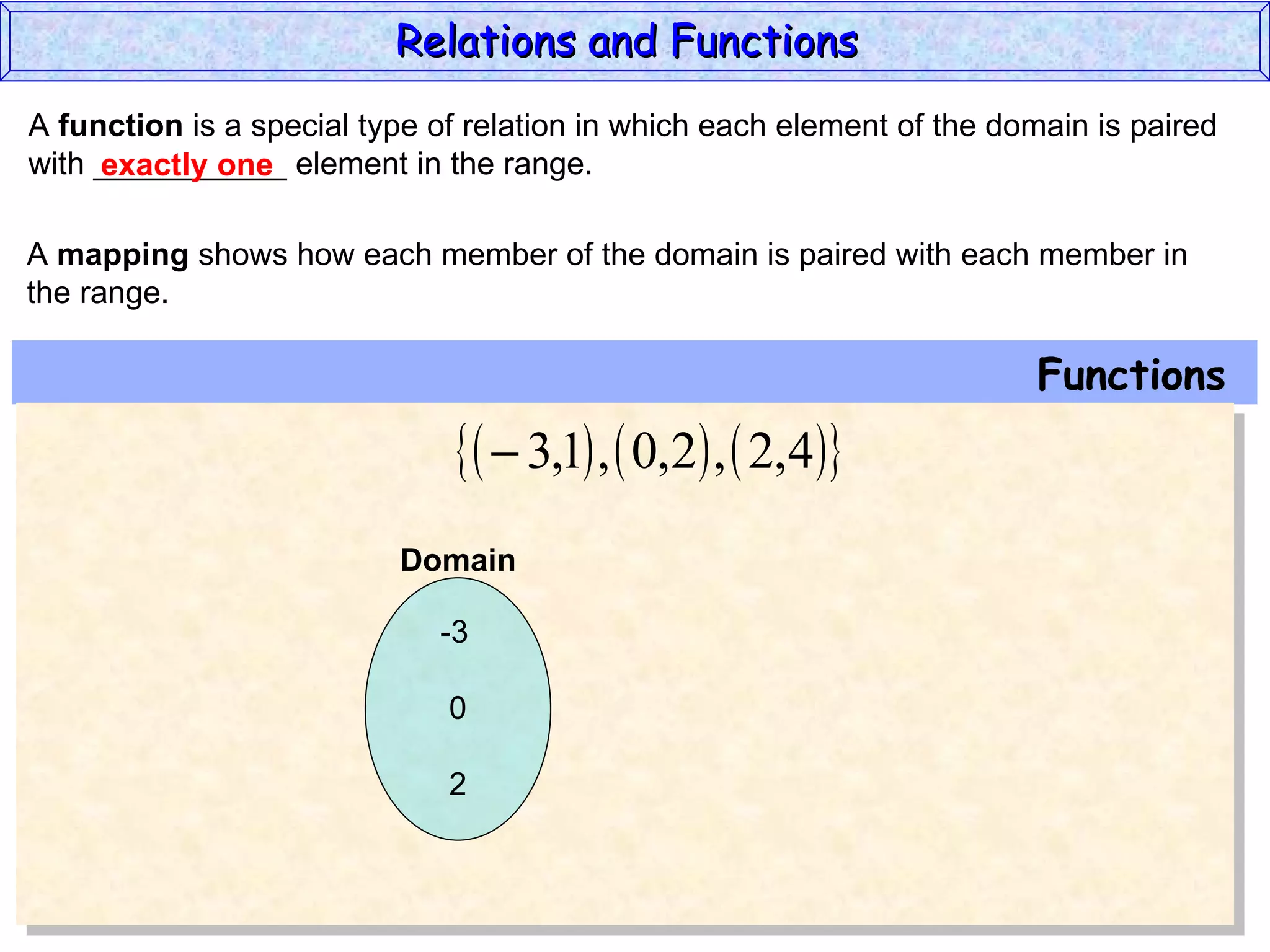 Relations and Functions
A function is a special type of relation in which each element of the domain is paired
with ___________ element in the range.
     exactly one

A mapping shows how each member of the domain is paired with each member in
the range.

                                                                        Functions
                                 3,1 ,  0,2 ,  2,4
                          Domain

                             -3

                              0

                              2
 