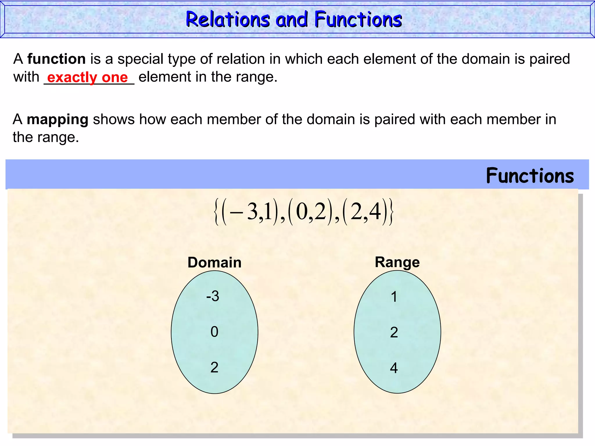 Relations and Functions
A function is a special type of relation in which each element of the domain is paired
with ___________ element in the range.
     exactly one

A mapping shows how each member of the domain is paired with each member in
the range.

                                                                        Functions
                                 3,1 ,  0,2 ,  2,4
                          Domain                       Range

                             -3                           1

                              0                           2

                              2                           4
 