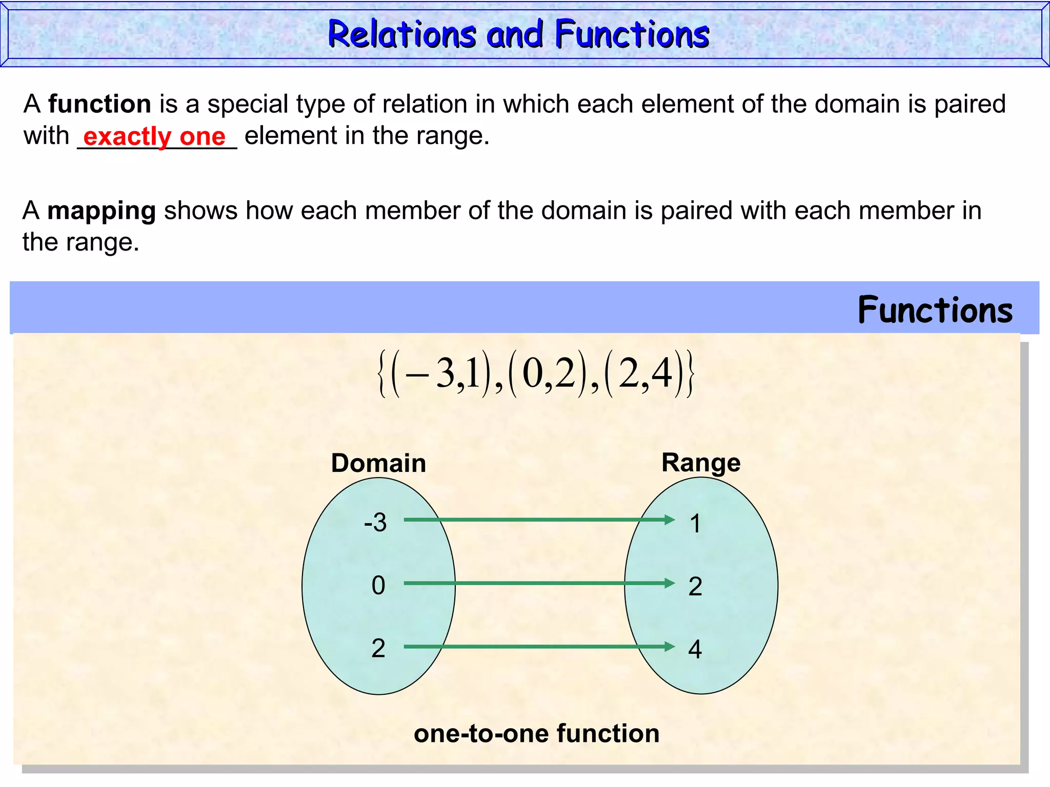 Relations and Functions
A function is a special type of relation in which each element of the domain is paired
with ___________ element in the range.
     exactly one

A mapping shows how each member of the domain is paired with each member in
the range.

                                                                        Functions
                                 3,1 ,  0,2 ,  2,4
                          Domain                        Range

                             -3                           1

                              0                           2

                              2                           4


                                  one-to-one function
 