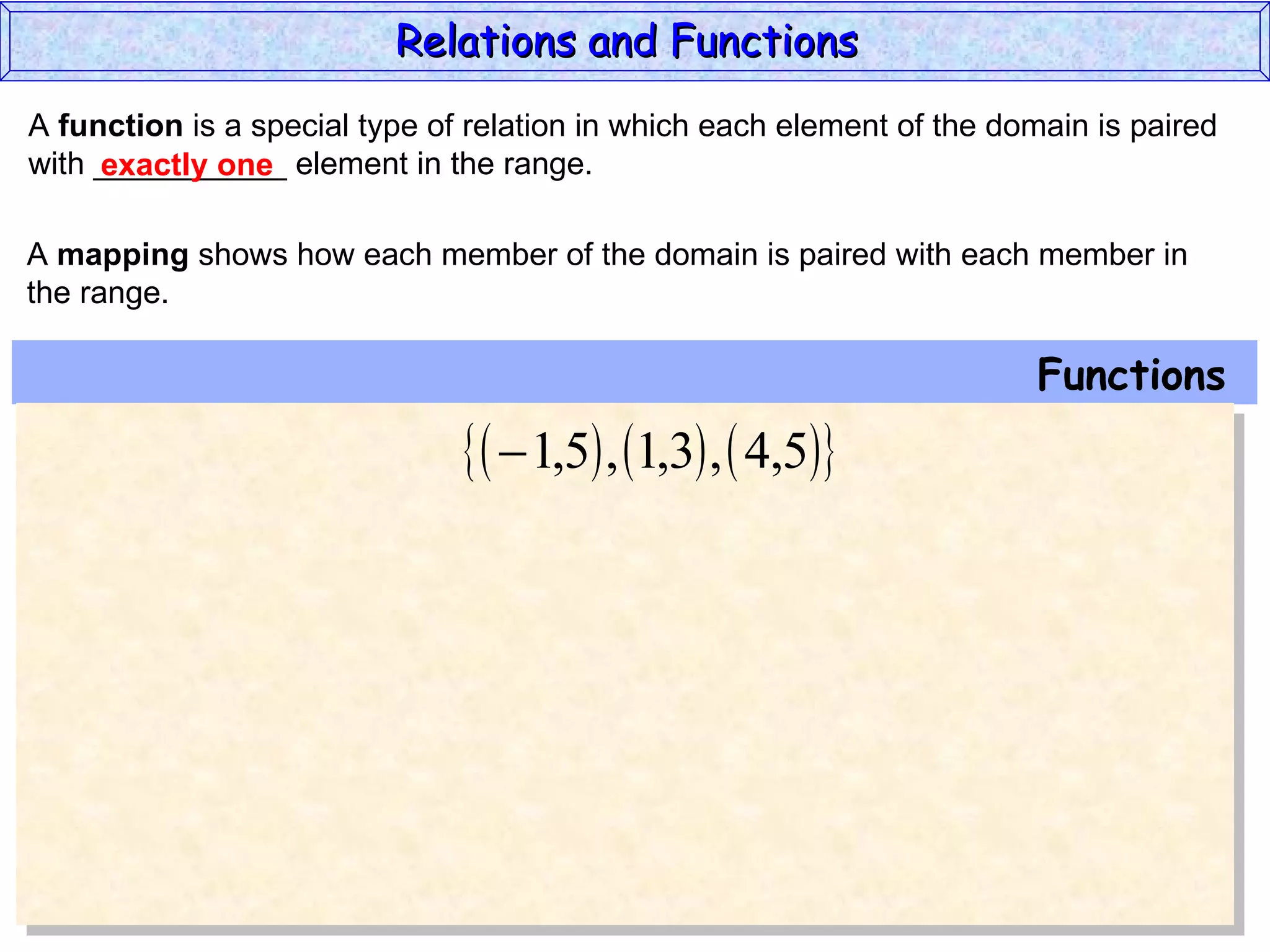 Relations and Functions
A function is a special type of relation in which each element of the domain is paired
with ___________ element in the range.
     exactly one

A mapping shows how each member of the domain is paired with each member in
the range.

                                                                        Functions
                                  1,5 , 1,3 ,  4,5
 
