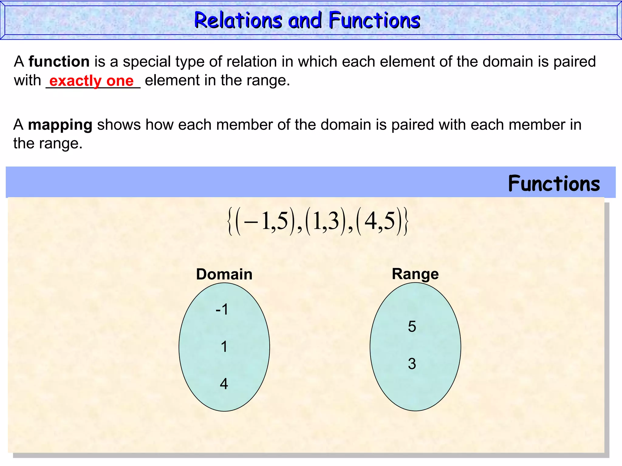 Relations and Functions
A function is a special type of relation in which each element of the domain is paired
with ___________ element in the range.
     exactly one

A mapping shows how each member of the domain is paired with each member in
the range.

                                                                        Functions
                                  1,5 , 1,3 ,  4,5
                          Domain                        Range

                             -1
                                                          5
                              1
                                                          3
                              4
 