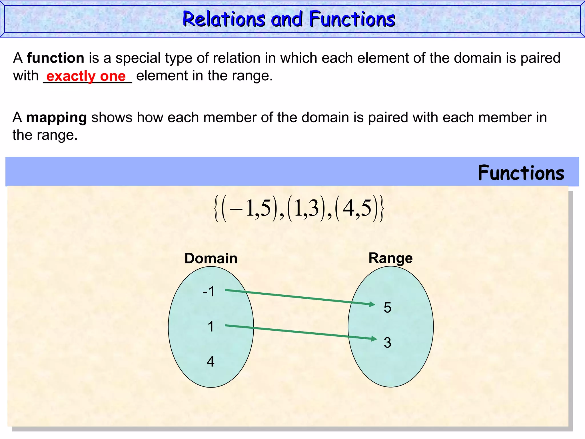 Relations and Functions
A function is a special type of relation in which each element of the domain is paired
with ___________ element in the range.
     exactly one

A mapping shows how each member of the domain is paired with each member in
the range.

                                                                        Functions
                                  1,5 , 1,3 ,  4,5
                          Domain                        Range

                             -1
                                                          5
                              1
                                                          3
                              4
 