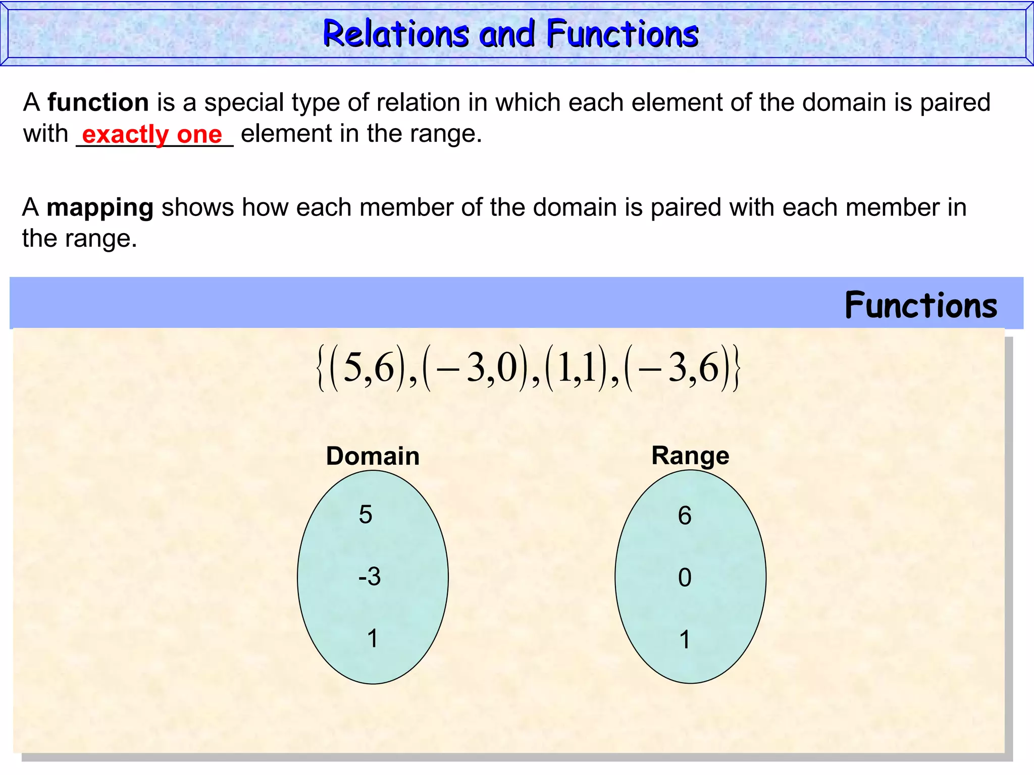 Relations and Functions
A function is a special type of relation in which each element of the domain is paired
with ___________ element in the range.
     exactly one

A mapping shows how each member of the domain is paired with each member in
the range.

                                                                        Functions
                           5,6 ,   3,0 , 1,1 ,   3,6
                          Domain                       Range

                             5                            6

                             -3                           0

                              1                           1
 