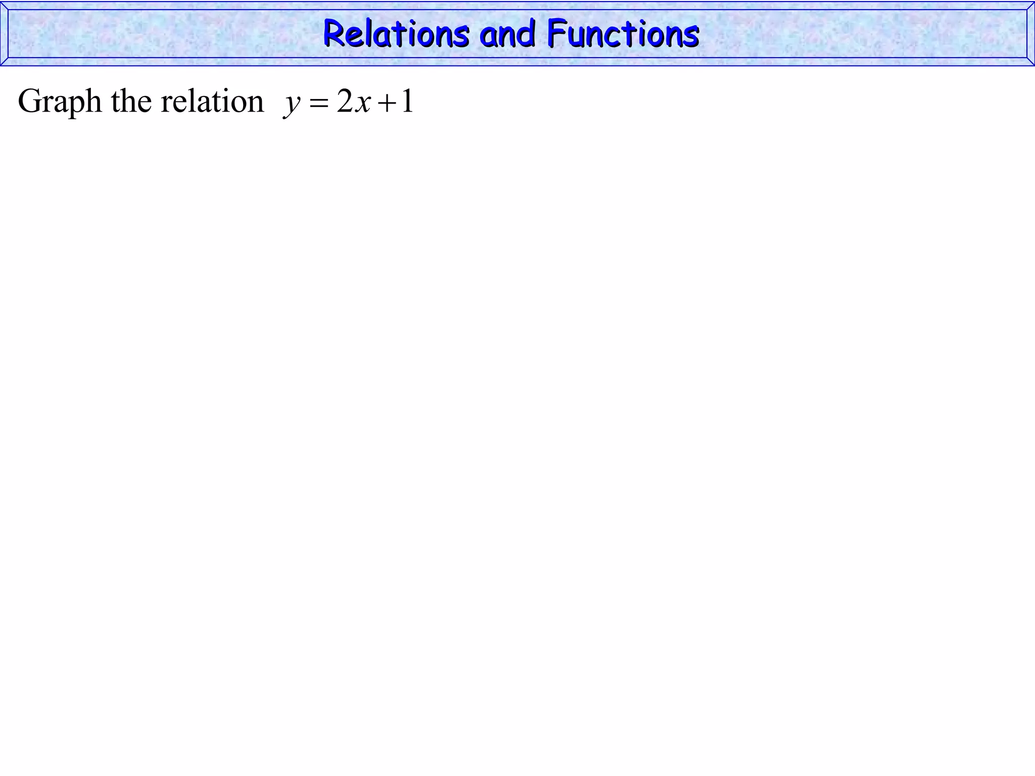 Relations and Functions
Graph the relation y  2 x  1
 