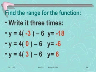 Find the range for the function: Write it three times: y = 4(  -3  ) – 6  y=  -18 y = 4(  0  ) – 6  y=  -6 y = 4(  3  ) – 6  y=  6 