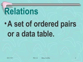 Relations A set of ordered pairs or a data table. 