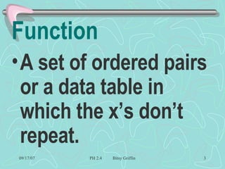 Function A set of ordered pairs or a data table in which the x’s don’t repeat. 