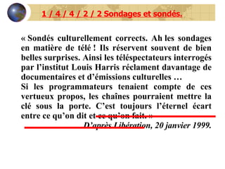 1 / 4 / 4 / 2 / 2 Sondages et sondés. « Sondés culturellement corrects. Ah les sondages en matière de télé ! Ils réservent souvent de bien belles surprises. Ainsi les téléspectateurs interrogés par l’institut Louis Harris réclament davantage de documentaires et d’émissions culturelles … Si les programmateurs tenaient compte de ces vertueux propos, les chaînes pourraient mettre la clé sous la porte. C’est toujours l’éternel écart entre ce qu’on dit et ce qu’on fait. » D’après Libération, 20 janvier 1999. 