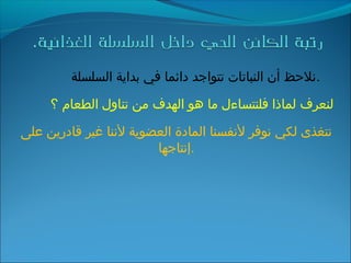 ‫السلسلة‬ ‫بداية‬ ‫في‬ ‫دائما‬ ‫تتواجد‬ ‫النباتات‬ ‫أن‬ ‫.نلحظ‬
‫؟‬ ‫الطعام‬ ‫تناول‬ ‫من‬ ‫الهدف‬ ‫هو‬ ‫ما‬ ‫فلنتساءل‬ ‫لماذا‬ ‫لنعرف‬
‫على‬ ‫قادرين‬ ‫غير‬ ‫لننا‬ ‫العضوية‬ ‫المادة‬ ‫لنفسنا‬ ‫نوفر‬ ‫لكي‬ ‫نتغذى‬
‫.إنتاجها‬
 