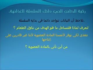 ‫السلسلة‬ ‫بداية‬ ‫في‬ ‫دائما‬ ‫تتواجد‬ ‫النباتات‬ ‫أن‬ ‫.نلحظ‬
‫؟‬ ‫الطعام‬ ‫تناول‬ ‫من‬ ‫الهدف‬ ‫هو‬ ‫ما‬ ‫فلنتساءل‬ ‫لماذا‬ ‫لنعرف‬
‫على‬ ‫قادرين‬ ‫غير‬ ‫لننا‬ ‫العضوية‬ ‫المادة‬ ‫لنفسنا‬ ‫نوفر‬ ‫لكي‬ ‫نتغذى‬
‫.إنتاجها‬
‫؟‬ ‫العضوية‬ ‫بالمادة‬ ‫نأتي‬ ‫أين‬ ‫من‬
 