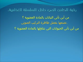 ‫؟‬ ‫العضوية‬ ‫بالمادة‬ ‫النباتات‬ ‫تأتي‬ ‫أين‬ ‫من‬
‫الضوئي‬ ‫التركيب‬ ‫ظاهرة‬ ‫بفضل‬ ‫.تصنعها‬
‫؟‬ ‫العضوية‬ ‫بالمادة‬ ‫نتناولها‬ ‫التي‬ ‫الحيوانات‬ ‫تأتي‬ ‫أين‬ ‫من‬
 