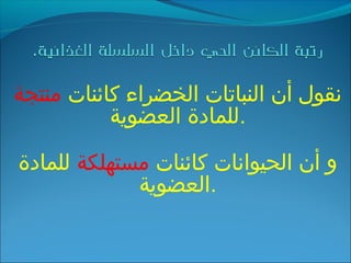 ‫كائنات‬ ‫الخضراء‬ ‫النباتات‬ ‫أن‬ ‫نقول‬‫منتجة‬
‫العضوية‬ ‫.للمادة‬
‫كائنات‬ ‫الحيوانات‬ ‫أن‬ ‫و‬‫مستهلكة‬‫للمادة‬
‫.العضوية‬
 