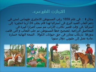 ‫مثال‬1‫׃‬‫عام‬ ‫في‬1859‫في‬ ‫استن‬ ‫طوماس‬ ‫الجنجليزي‬ ‫المستوطن‬ ‫رغب‬
‫بجلب‬ ‫قام‬ ‫لهدا‬ ‫أستراليا‬ ‫في‬ ‫البري‬ ‫الصيد‬ ‫ألعاب‬ ‫دعم‬24‫إلى‬ ‫اجنجليزيا‬ ‫أرجنبا‬
‫في‬ ‫كبيرة‬ ‫أضرارا‬ ‫سبب‬ ‫مم‬ ‫الراجنب‬ ‫تكاثرت‬ ‫قصير‬ ‫وقت‬ ‫,في‬ ‫أستراليا‬
‫قامت‬ ‫التي‬ ‫و‬ ‫الثعالب‬ ‫جلب‬ ‫تم‬ ‫المستوطن‬ ‫خطأ‬ ‫,لتصحيح‬ ‫الزراعية‬ ‫المحاصيل‬
‫خسارة‬ ‫النهائية‬ ‫النتيجة‬ . ‫الكوال‬ ‫حيواجنات‬ ‫حق‬ ‫في‬ ‫مجازر‬ ‫بارتكاب‬ ‫بدورها‬
‫سنويا‬ ‫دولر‬ ‫مليوجني‬ ‫إلى‬ ‫تصل‬ ‫.مادية‬
 