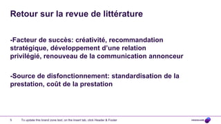 Retour sur la revue de littérature

-Facteur de succès: créativité, recommandation
stratégique, développement d’une relation
privilégié, renouveau de la communication annonceur

-Source de disfonctionnement: standardisation de la
prestation, coût de la prestation




5   To update this brand zone text, on the Insert tab, click Header & Footer
 