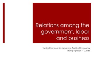 Relations among the
government, labor
and business
Topical Seminar in Japanese Political Economy
Hang Nguyen – I32031
 