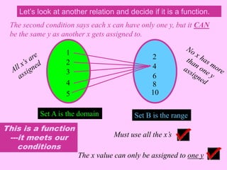 Let’s look at another relation and decide if it is a function. 
The second condition says each x can have only one y, but it CAN 
be the same y as another x gets assigned to. 
1 
2 
3 
4 
5 
Set A is the domain 
2 
4 
6 
8 
10 
Set B is the range 
Must use all the x’s 
The x value can only be assigned to one y 
This is a function 
---it meets our 
conditions 
 