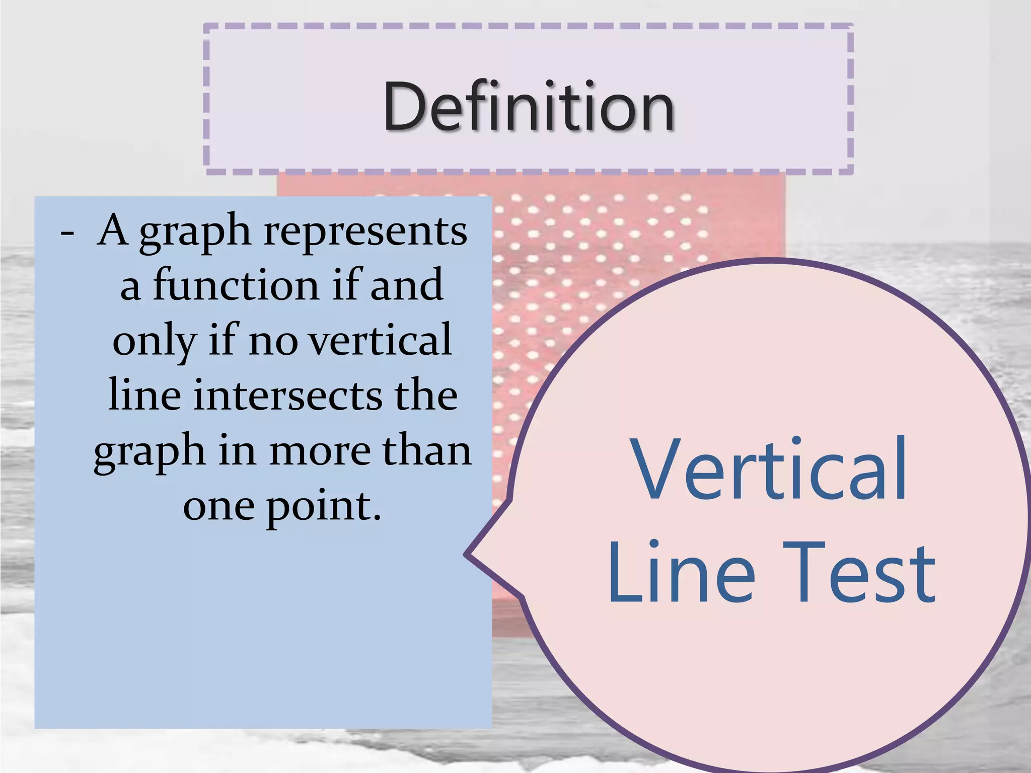 Definition
- A graph represents
a function if and
only if no vertical
line intersects the
graph in more than
one point. Vertical
Line Test
 