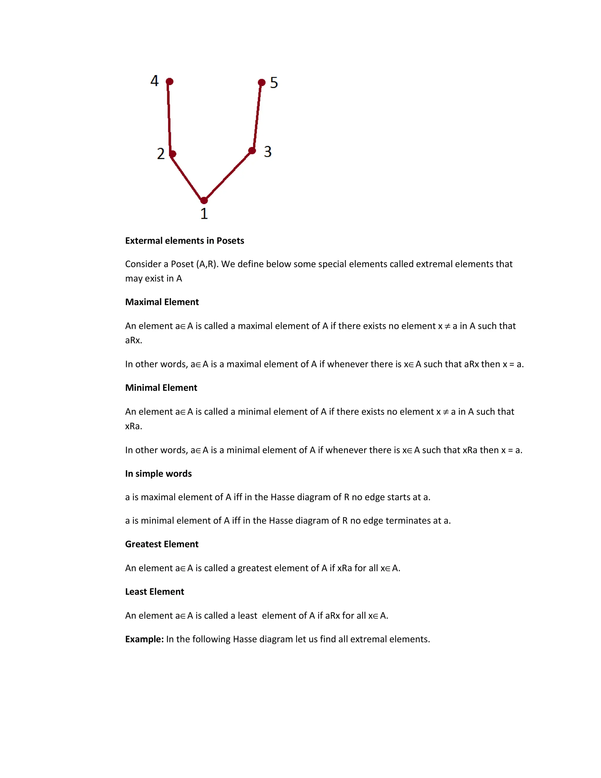 Extermal elements in Posets
Consider a Poset (A,R). We define below some special elements called extremal elements that
may exist in A
Maximal Element
An element a∈A is called a maximal element of A if there exists no element x ≠ a in A such that
aRx.
In other words, a∈A is a maximal element of A if whenever there is x∈A such that aRx then x = a.
Minimal Element
An element a∈A is called a minimal element of A if there exists no element x ≠ a in A such that
xRa.
In other words, a∈A is a minimal element of A if whenever there is x∈A such that xRa then x = a.
In simple words
a is maximal element of A iff in the Hasse diagram of R no edge starts at a.
a is minimal element of A iff in the Hasse diagram of R no edge terminates at a.
Greatest Element
An element a∈A is called a greatest element of A if xRa for all x∈A.
Least Element
An element a∈A is called a least element of A if aRx for all x∈A.
Example: In the following Hasse diagram let us find all extremal elements.
 