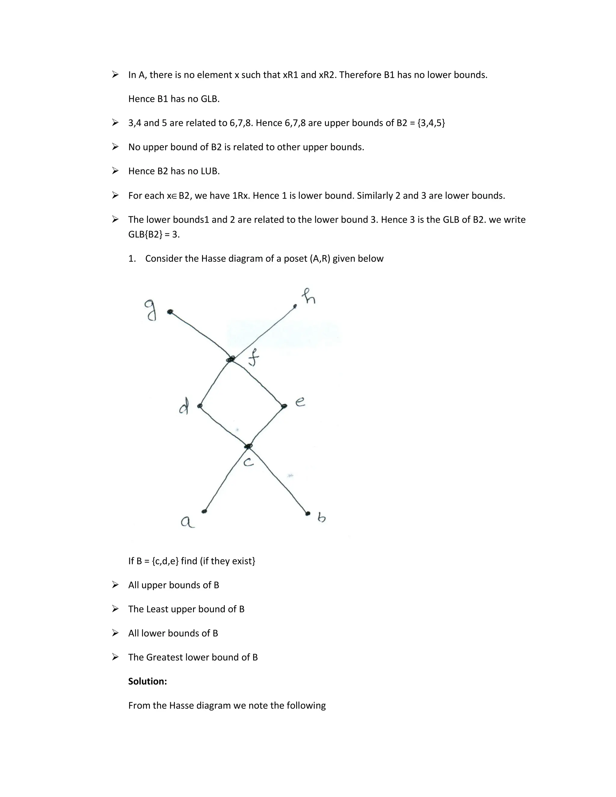 In A, there is no element x such that xR1 and xR2. Therefore B1 has no lower bounds.
Hence B1 has no GLB.
 3,4 and 5 are related to 6,7,8. Hence 6,7,8 are upper bounds of B2 = {3,4,5}
 No upper bound of B2 is related to other upper bounds.
 Hence B2 has no LUB.
 For each x∈B2, we have 1Rx. Hence 1 is lower bound. Similarly 2 and 3 are lower bounds.
 The lower bounds1 and 2 are related to the lower bound 3. Hence 3 is the GLB of B2. we write
GLB{B2} = 3.
1. Consider the Hasse diagram of a poset (A,R) given below
If B = {c,d,e} find (if they exist}
 All upper bounds of B
 The Least upper bound of B
 All lower bounds of B
 The Greatest lower bound of B
Solution:
From the Hasse diagram we note the following
 