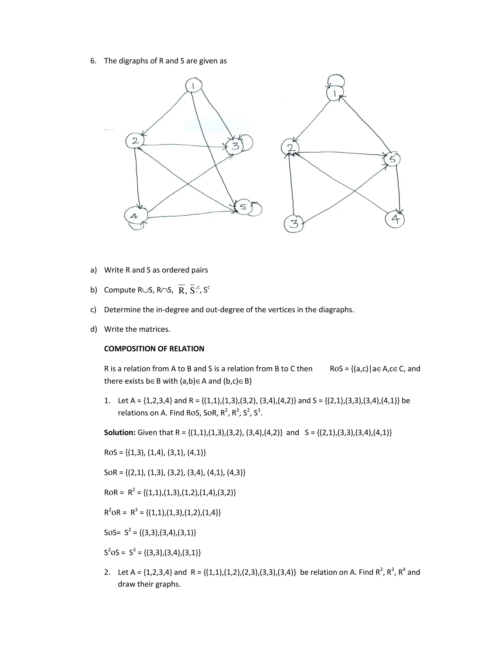 6. The digraphs of R and S are given as
a) Write R and S as ordered pairs
b) Compute R∪S, R∩S, Rc
, Sc
c) Determine the in-degree and out-degree of the vertices in the diagraphs.
d) Write the matrices.
COMPOSITION OF RELATION
R is a relation from A to B and S is a relation from B to C then RοS = {(a,c)|a∈A,c∈C, and
there exists b∈B with (a,b)∈A and (b,c)∈B}
1. Let A = {1,2,3,4} and R = {(1,1),(1,3),(3,2), (3,4),(4,2)} and S = {(2,1),(3,3),(3,4),(4,1)} be
relations on A. Find RοS, SοR, R2
, R3
, S2
, S3
.
Solution: Given that R = {(1,1),(1,3),(3,2), (3,4),(4,2)} and S = {(2,1),(3,3),(3,4),(4,1)}
RοS = {(1,3), (1,4), (3,1), (4,1)}
SοR = {(2,1), (1,3), (3,2), (3,4), (4,1), (4,3)}
RοR = R2
= {(1,1),(1,3),(1,2),(1,4),(3,2)}
R2
οR = R3
= {(1,1),(1,3),(1,2),(1,4)}
SοS= S2
= {(3,3),(3,4),(3,1)}
S2
οS = S3
= {(3,3),(3,4),(3,1)}
2. Let A = {1,2,3,4} and R = {(1,1),(1,2),(2,3),(3,3),(3,4)} be relation on A. Find R2
, R3
, R4
and
draw their graphs.
S
,
R
 