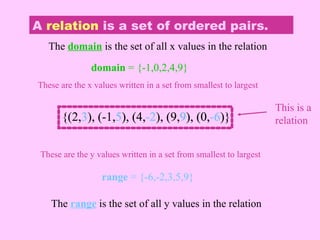 A relation is a set of ordered pairs.
{(2,3), (-1,5), (4,-2), (9,9), (0,-6)}
This is a
relation
The domain is the set of all x values in the relation
{(2,3), (-1,5), (4,-2), (9,9), (0,-6)}
The range is the set of all y values in the relation
{(2,3), (-1,5), (4,-2), (9,9), (0,-6)}
domain = {-1,0,2,4,9}
These are the x values written in a set from smallest to largest
range = {-6,-2,3,5,9}
These are the y values written in a set from smallest to largest
 
