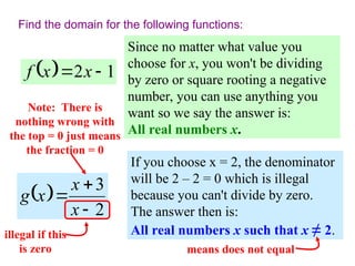 Find the domain for the following functions:
  1
2 
 x
x
f
Since no matter what value you
choose for x, you won't be dividing
by zero or square rooting a negative
number, you can use anything you
want so we say the answer is:
All real numbers x.
 
2
3



x
x
x
g
If you choose x = 2, the denominator
will be 2 – 2 = 0 which is illegal
because you can't divide by zero.
The answer then is:
All real numbers x such that x ≠ 2.
means does not equal
illegal if this
is zero
Note: There is
nothing wrong with
the top = 0 just means
the fraction = 0
 