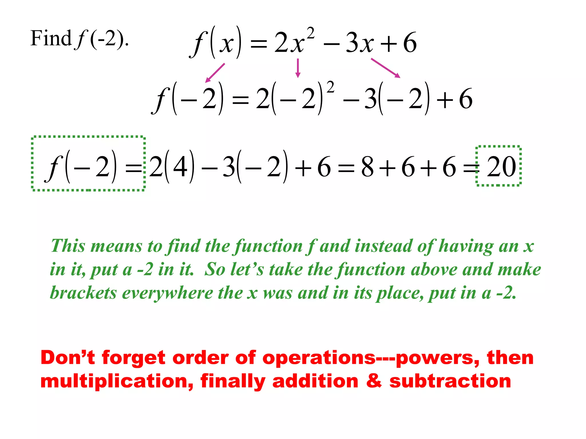 Find f (-2).

f ( x ) = 2 x − 3x + 6
2

f ( − 2 ) = 2( − 2 ) − 3( − 2 ) + 6
2

f ( − 2 ) = 2( 4 ) − 3( − 2 ) + 6 = 8 + 6 + 6 = 20
This means to find the function f and instead of having an x
in it, put a -2 in it. So let’s take the function above and make
brackets everywhere the x was and in its place, put in a -2.
Don’t forget order of operations---powers, then
multiplication, finally addition & subtraction

 