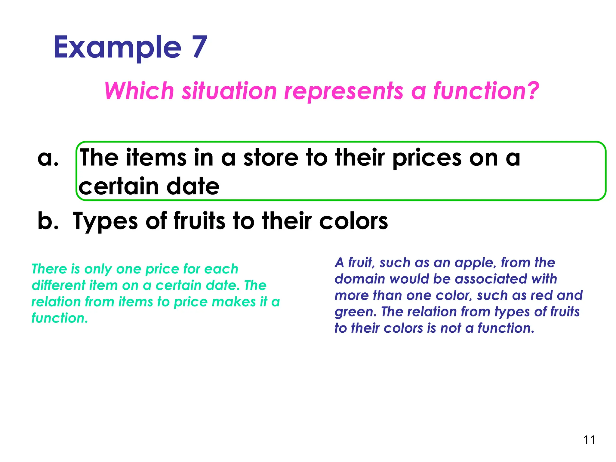 11
Example 7
Which situation represents a function?
There is only one price for each
different item on a certain date. The
relation from items to price makes it a
function.
A fruit, such as an apple, from the
domain would be associated with
more than one color, such as red and
green. The relation from types of fruits
to their colors is not a function.
a. The items in a store to their prices on a
certain date
b. Types of fruits to their colors
 