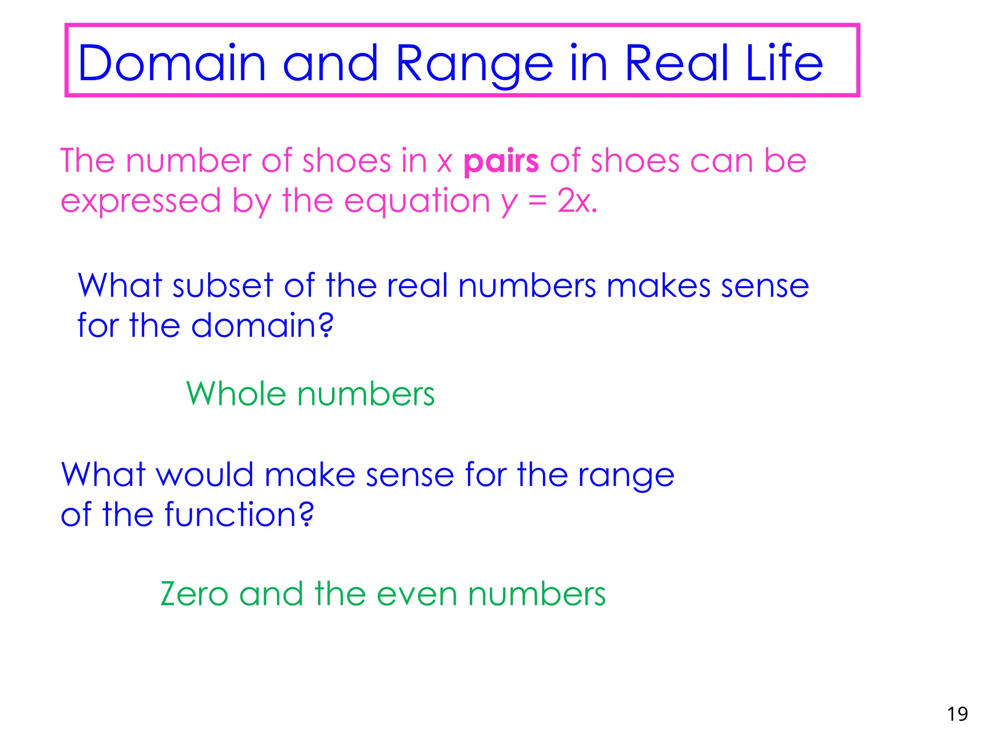 19
Domain and Range in Real Life
The number of shoes in x pairs of shoes can be
expressed by the equation y = 2x.
What subset of the real numbers makes sense
for the domain?
Whole numbers
What would make sense for the range
of the function?
Zero and the even numbers
 