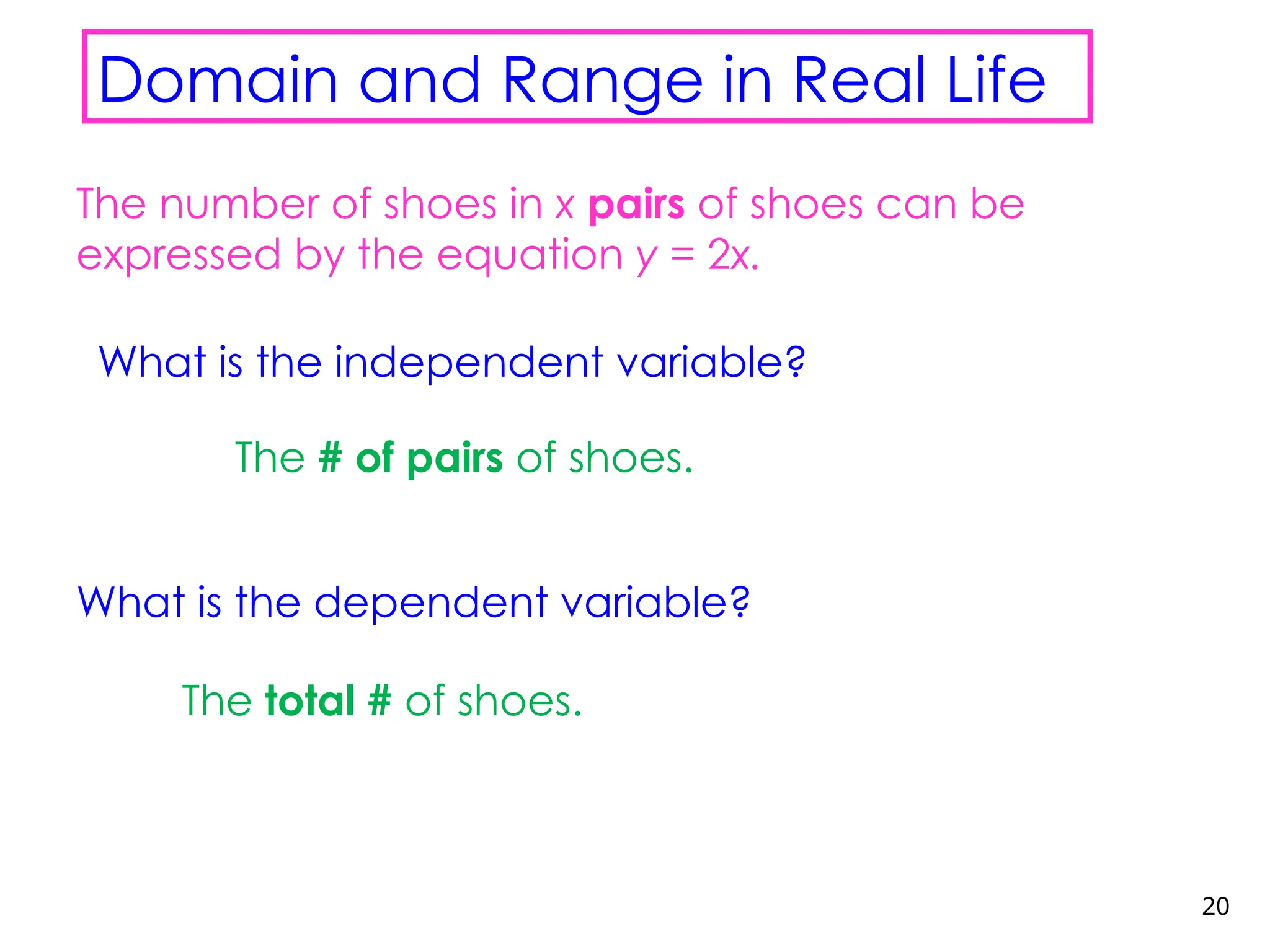 20
Domain and Range in Real Life
The number of shoes in x pairs of shoes can be
expressed by the equation y = 2x.
What is the independent variable?
The # of pairs of shoes.
What is the dependent variable?
The total # of shoes.
 