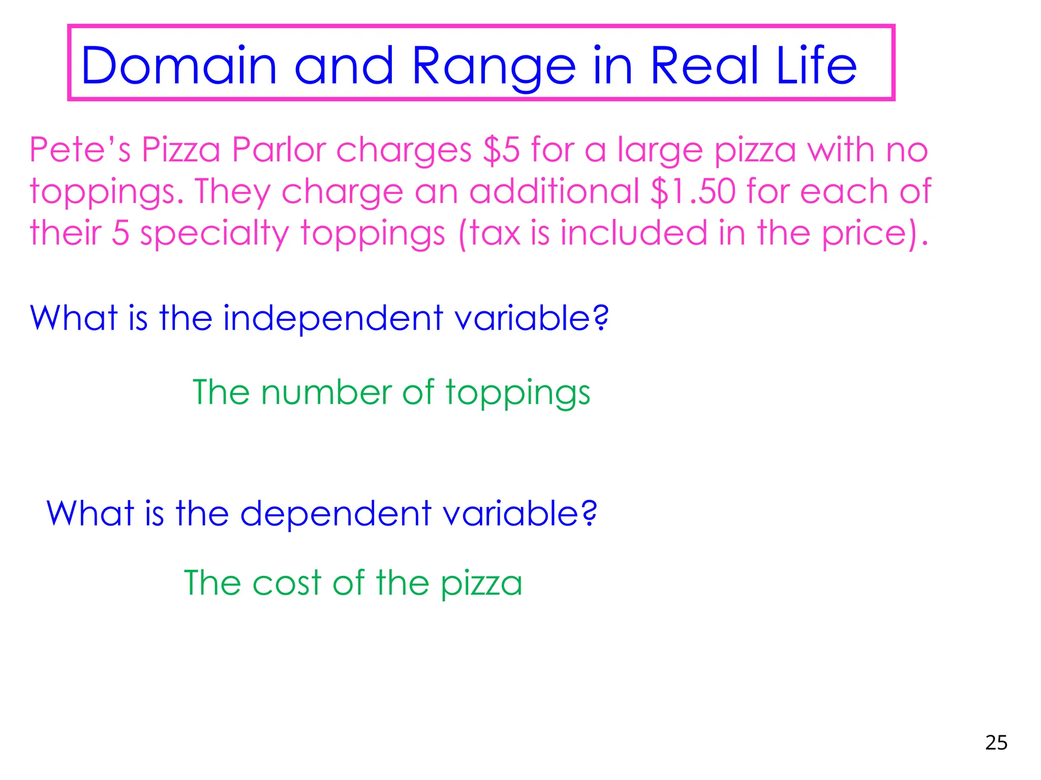 25
Domain and Range in Real Life
Pete’s Pizza Parlor charges $5 for a large pizza with no
toppings. They charge an additional $1.50 for each of
their 5 specialty toppings (tax is included in the price).
What is the independent variable?
The number of toppings
What is the dependent variable?
The cost of the pizza
 