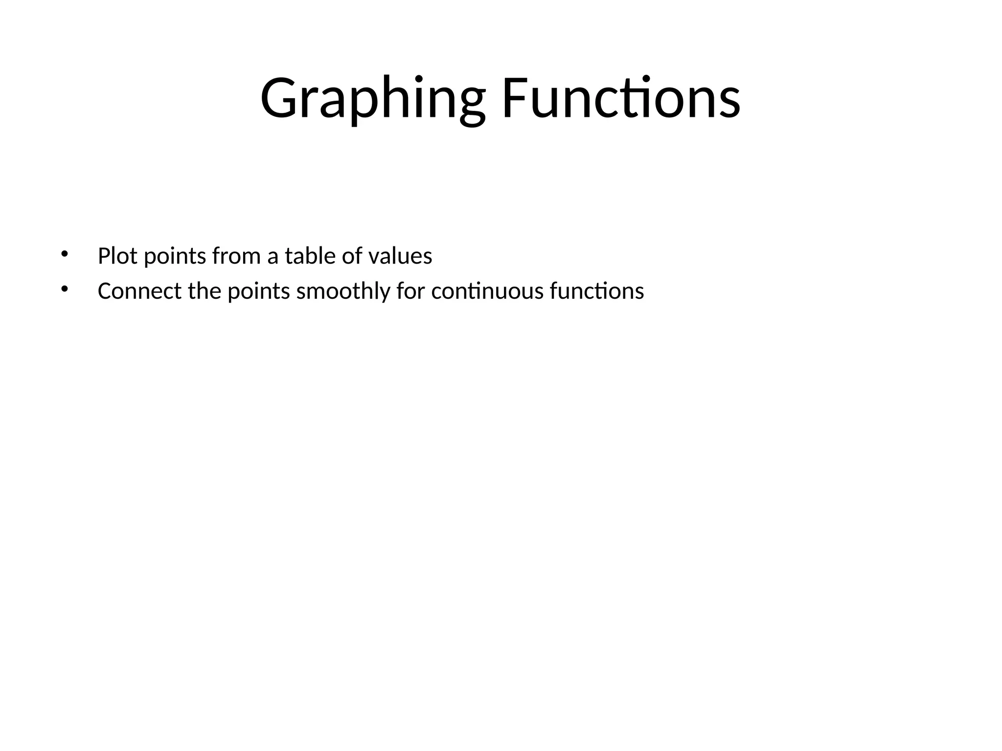 Graphing Functions
• Plot points from a table of values
• Connect the points smoothly for continuous functions
 