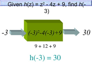 Given h(z) = z2
- 4z + 9, find h(-
3)
(-3)2
-4(-3)+9
-3 30
9 + 12 + 9
h(-3) = 30
 