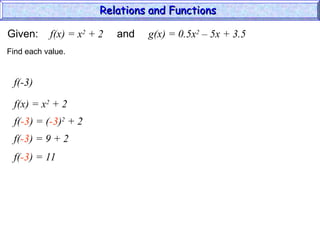 Given: f(x) = x2
+ 2 and g(x) = 0.5x2
– 5x + 3.5
f(-3)
f(x) = x2
+ 2
Find each value.
f(-3) = (-3)2
+ 2
f(-3) = 9 + 2
f(-3) = 11
Relations and Functions
Relations and Functions
 