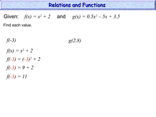 Given: f(x) = x2
+ 2 and g(x) = 0.5x2
– 5x + 3.5
f(-3)
f(x) = x2
+ 2
Find each value.
f(-3) = (-3)2
+ 2
f(-3) = 9 + 2
f(-3) = 11
g(2.8)
Relations and Functions
Relations and Functions
 