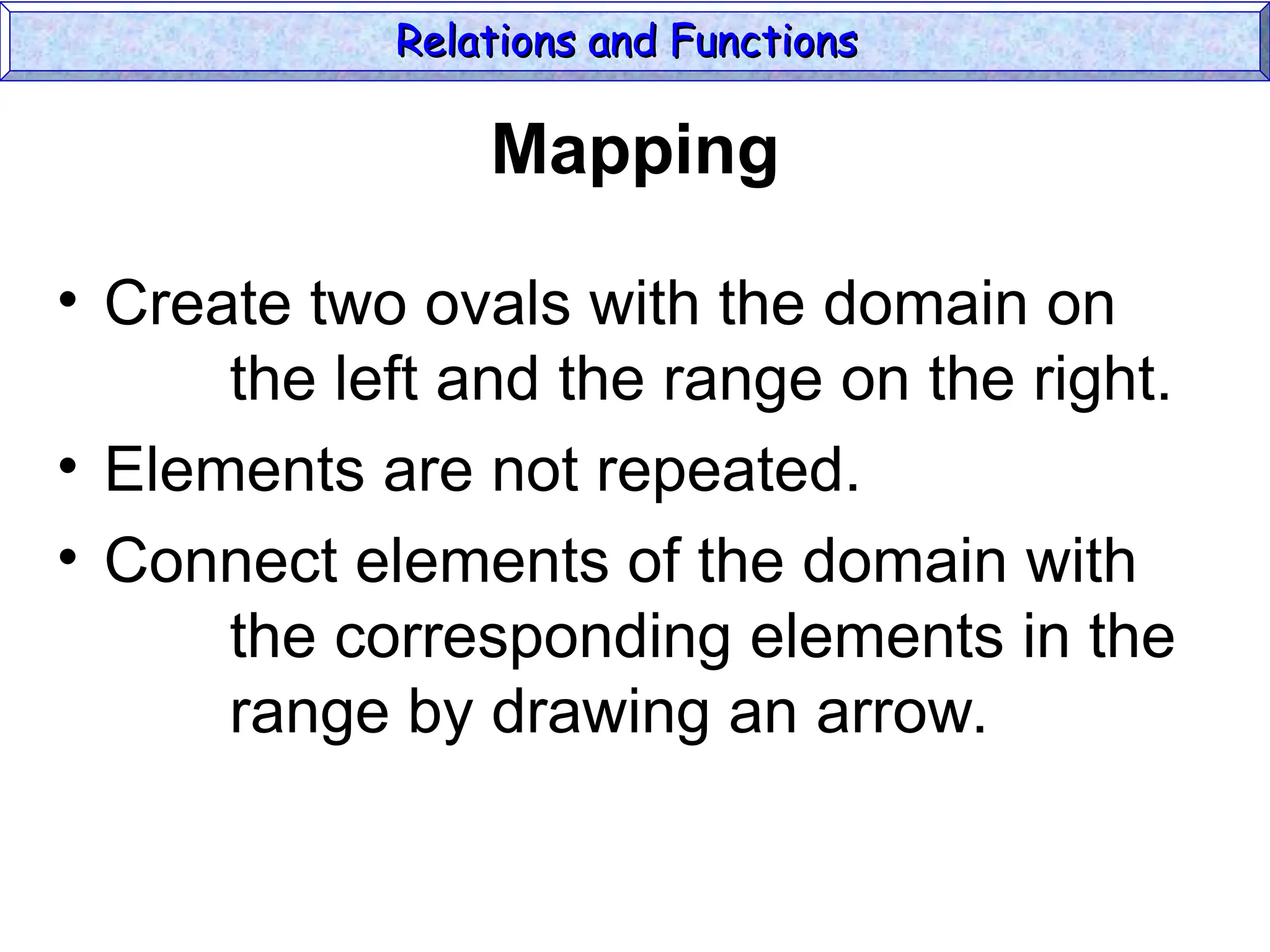 Mapping
• Create two ovals with the domain on
the left and the range on the right.
• Elements are not repeated.
• Connect elements of the domain with
the corresponding elements in the
range by drawing an arrow.
Relations and Functions
Relations and Functions
 