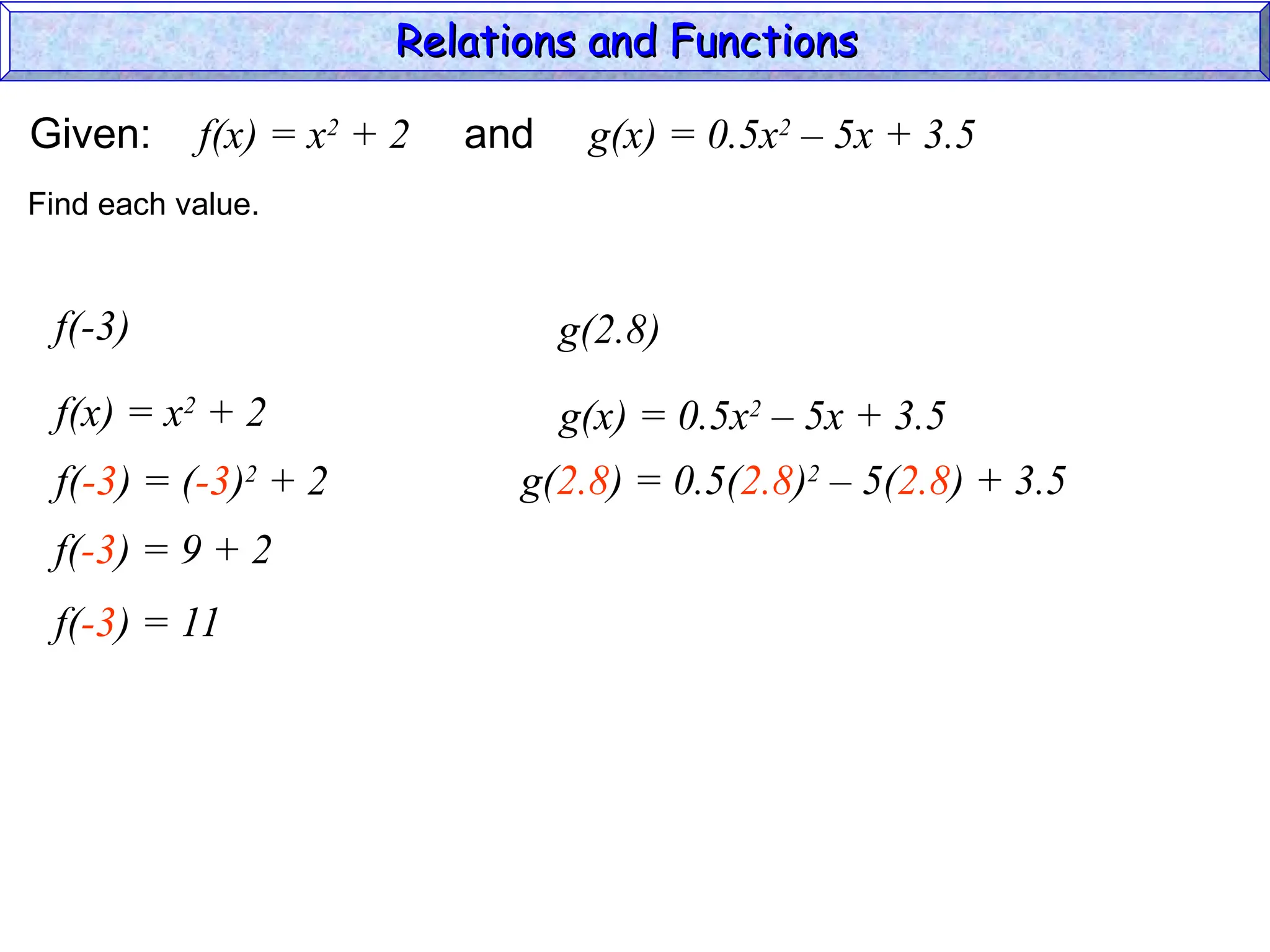 Given: f(x) = x2
+ 2 and g(x) = 0.5x2
– 5x + 3.5
f(-3)
f(x) = x2
+ 2
Find each value.
f(-3) = (-3)2
+ 2
f(-3) = 9 + 2
f(-3) = 11
g(2.8)
g(x) = 0.5x2
– 5x + 3.5
g(2.8) = 0.5(2.8)2
– 5(2.8) + 3.5
Relations and Functions
Relations and Functions
 