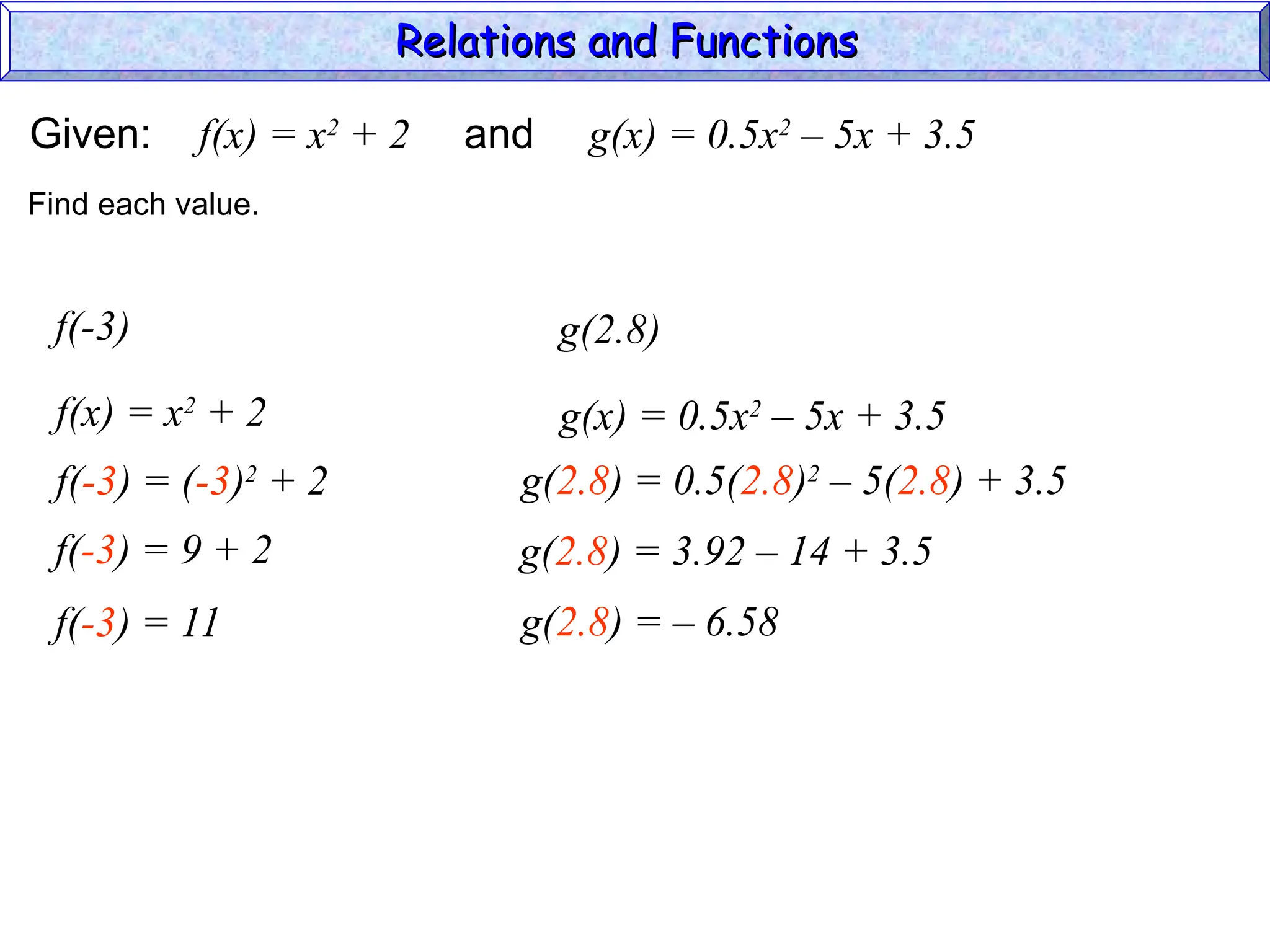 Given: f(x) = x2
+ 2 and g(x) = 0.5x2
– 5x + 3.5
f(-3)
f(x) = x2
+ 2
Find each value.
f(-3) = (-3)2
+ 2
f(-3) = 9 + 2
f(-3) = 11
g(2.8)
g(x) = 0.5x2
– 5x + 3.5
g(2.8) = 0.5(2.8)2
– 5(2.8) + 3.5
g(2.8) = 3.92 – 14 + 3.5
g(2.8) = – 6.58
Relations and Functions
Relations and Functions
 