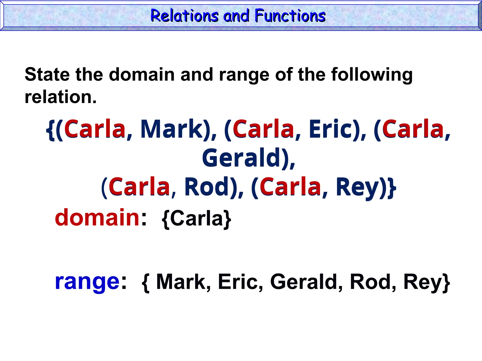 {(Carla, Mark), (Carla, Eric), (Carla,
Gerald),
(Carla, Rod), (Carla, Rey)}
domain: {Carla}
range: { Mark, Eric, Gerald, Rod, Rey}
State the domain and range of the following
relation.
Relations and Functions
Relations and Functions
{(Carla, Mark), (Carla, Eric), (Carla,
Gerald),
(Carla, Rod), (Carla, Rey)}
 
