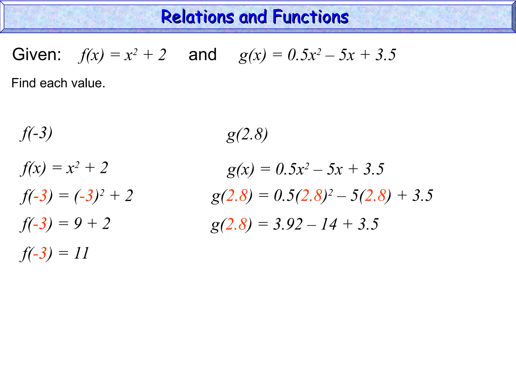 Given: f(x) = x2
+ 2 and g(x) = 0.5x2
– 5x + 3.5
f(-3)
f(x) = x2
+ 2
Find each value.
f(-3) = (-3)2
+ 2
f(-3) = 9 + 2
f(-3) = 11
g(2.8)
g(x) = 0.5x2
– 5x + 3.5
g(2.8) = 0.5(2.8)2
– 5(2.8) + 3.5
g(2.8) = 3.92 – 14 + 3.5
Relations and Functions
Relations and Functions
 