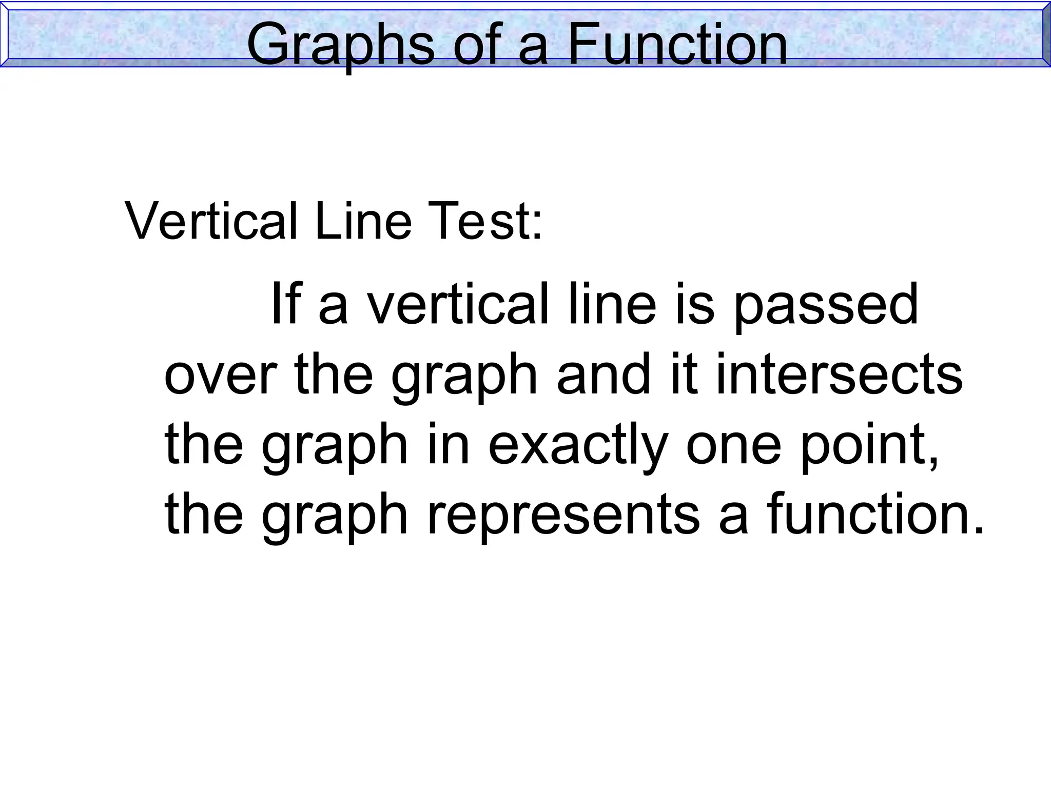 Graphs of a Function
Vertical Line Test:
If a vertical line is passed
over the graph and it intersects
the graph in exactly one point,
the graph represents a function.
 