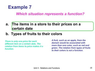 Unit 4 - Relations and Functions 19
Example 7
Which situation represents a function?
There is only one price for each
different item on a certain date. The
relation from items to price makes it a
function.
A fruit, such as an apple, from the
domain would be associated with
more than one color, such as red and
green. The relation from types of fruits
to their colors is not a function.
a. The items in a store to their prices on a
certain date
b. Types of fruits to their colors
 