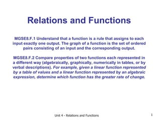 Unit 4 - Relations and Functions 1
Relations and Functions
MGSE8.F.1 Understand that a function is a rule that assigns to each
input exactly one output. The graph of a function is the set of ordered
pairs consisting of an input and the corresponding output.
MGSE8.F.2 Compare properties of two functions each represented in
a different way (algebraically, graphically, numerically in tables, or by
verbal descriptions). For example, given a linear function represented
by a table of values and a linear function represented by an algebraic
expression, determine which function has the greater rate of change.
 