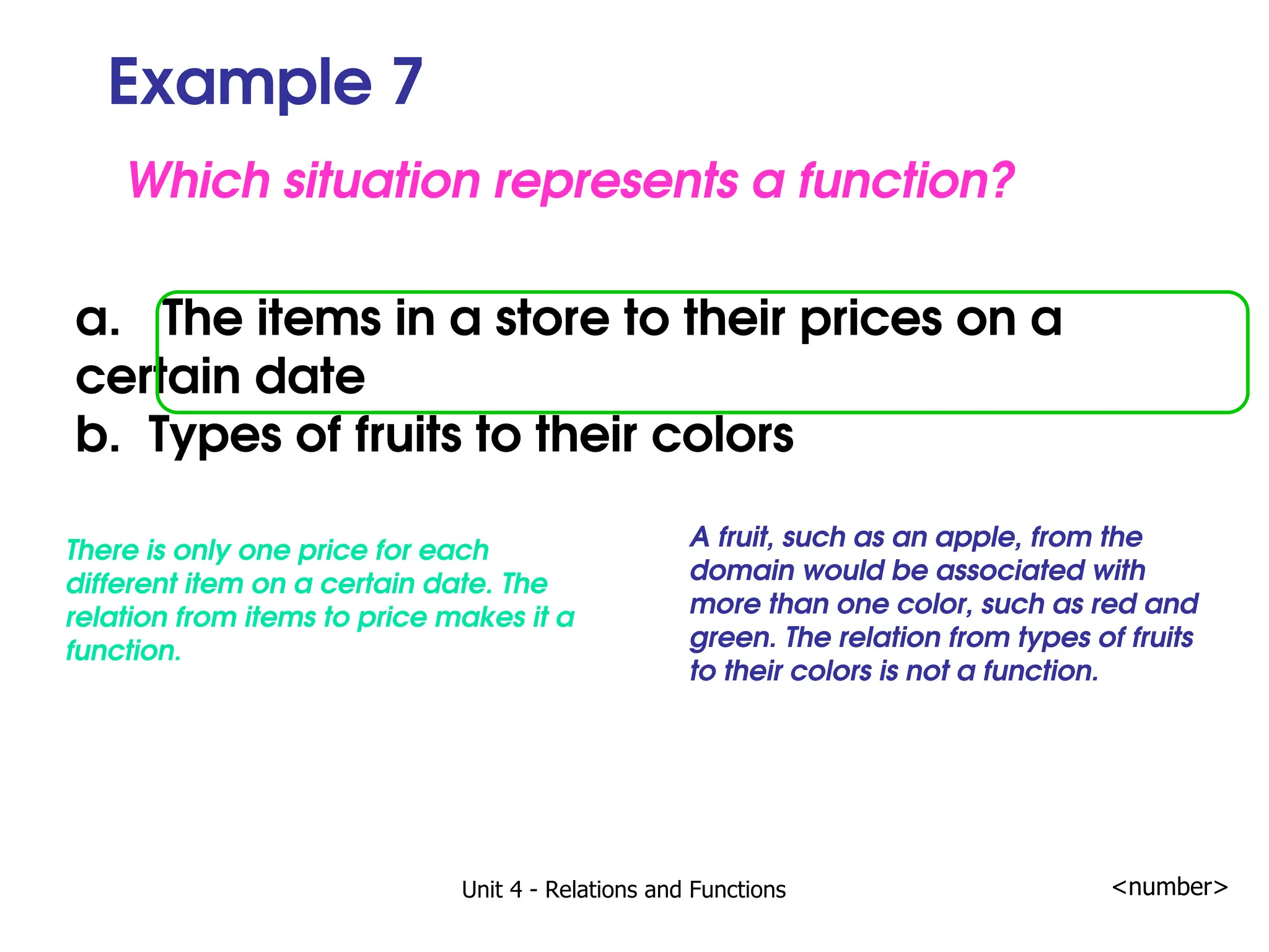 Unit 4 - Relations and Functions <number>
Example 7
Which situation represents a function?
There is only one price for each
different item on a certain date. The
relation from items to price makes it a
function.
A fruit, such as an apple, from the
domain would be associated with
more than one color, such as red and
green. The relation from types of fruits
to their colors is not a function.
a. The items in a store to their prices on a
certain date
b. Types of fruits to their colors
 