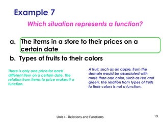 Unit 4 - Relations and Functions 19
Example 7
Which situation represents a function?
There is only one price for each
different item on a certain date. The
relation from items to price makes it a
function.
A fruit, such as an apple, from the
domain would be associated with
more than one color, such as red and
green. The relation from types of fruits
to their colors is not a function.
a. The items in a store to their prices on a
certain date
b. Types of fruits to their colors
 