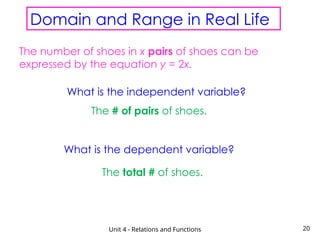 20
Domain and Range in Real Life
The number of shoes in x pairs of shoes can be
expressed by the equation y = 2x.
What is the independent variable?
The # of pairs of shoes.
What is the dependent variable?
The total # of shoes.
Unit 4 - Relations and Functions
 