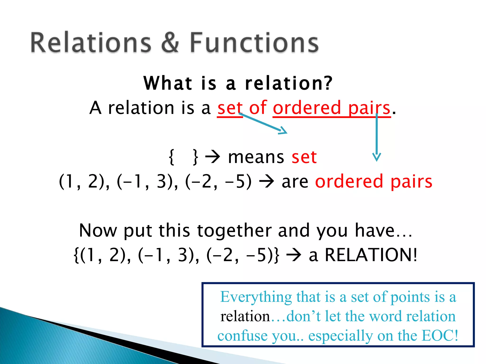 What is a relation?
   A relation is a set of ordered pairs.

              { }  means set
(1, 2), (-1, 3), (-2, -5)  are ordered pairs

  Now put this together and you have…
 {(1, 2), (-1, 3), (-2, -5)}  a RELATION!

                   Everything that is a set of points is a
                   relation…don’t let the word relation
                   confuse you.. especially on the EOC!
 