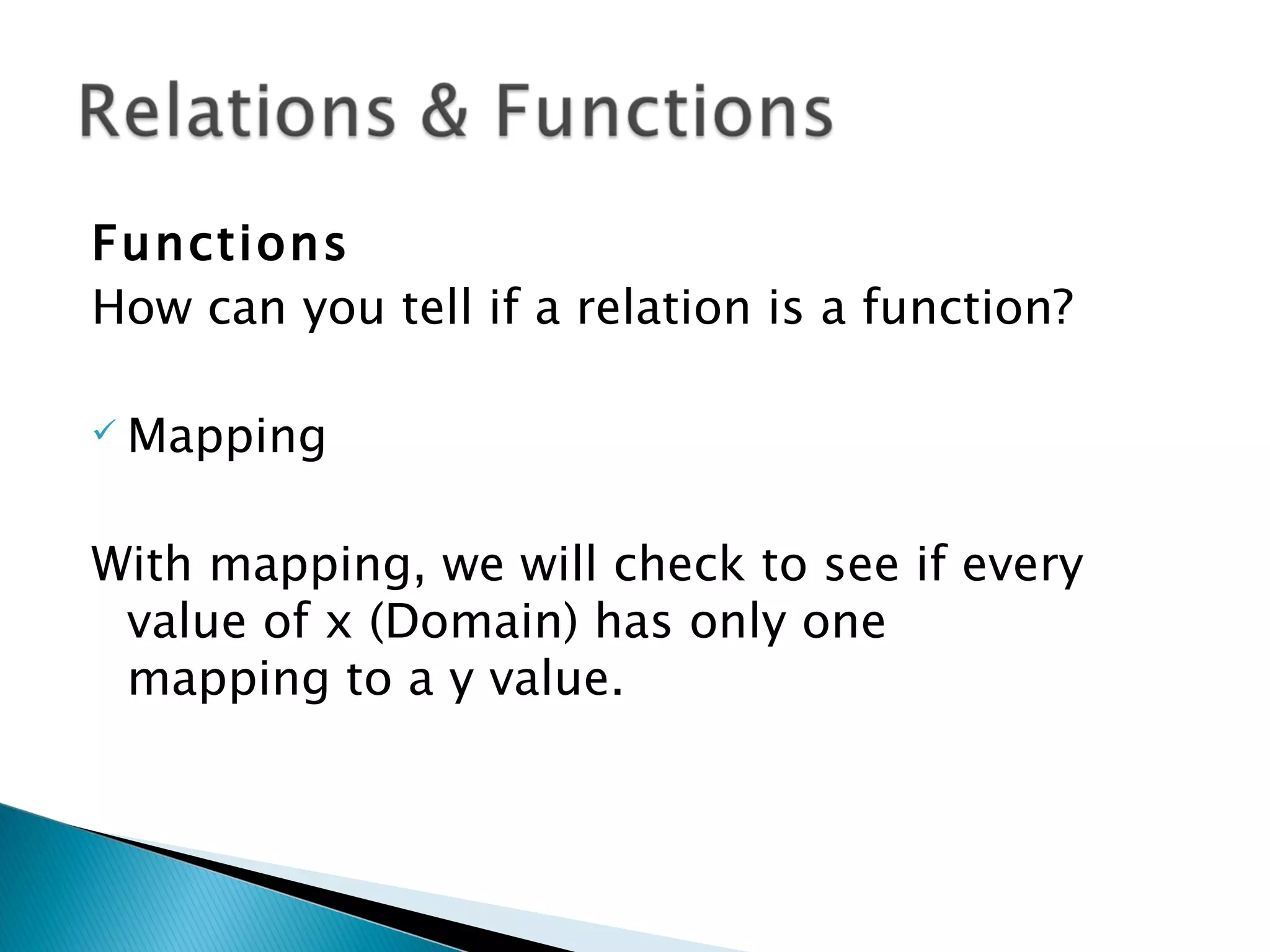 Functions
How can you tell if a relation is a function?

   Mapping

With mapping, we will check to see if every
 value of x (Domain) has only one
 mapping to a y value.
 