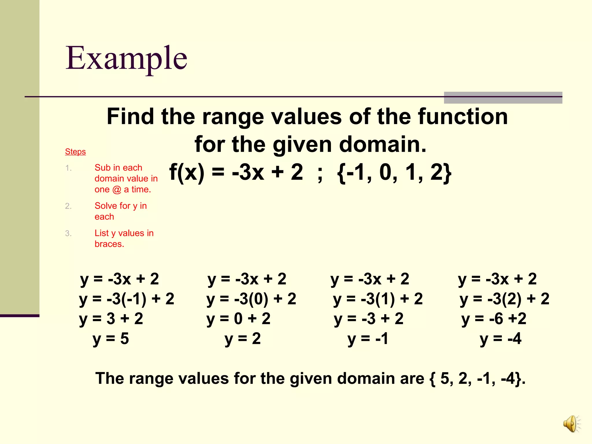 Example
Steps

Find the range values of the function
for the given domain.
f(x) = -3x + 2 ; {-1, 0, 1, 2}

1.

Sub in each
domain value in
one @ a time.

2.

Solve for y in
each

3.

List y values in
braces.

y = -3x + 2
y = -3(-1) + 2
y=3+2
y=5

y = -3x + 2
y = -3(0) + 2
y=0+2
y=2

y = -3x + 2
y = -3(1) + 2
y = -3 + 2
y = -1

y = -3x + 2
y = -3(2) + 2
y = -6 +2
y = -4

The range values for the given domain are { 5, 2, -1, -4}.

 