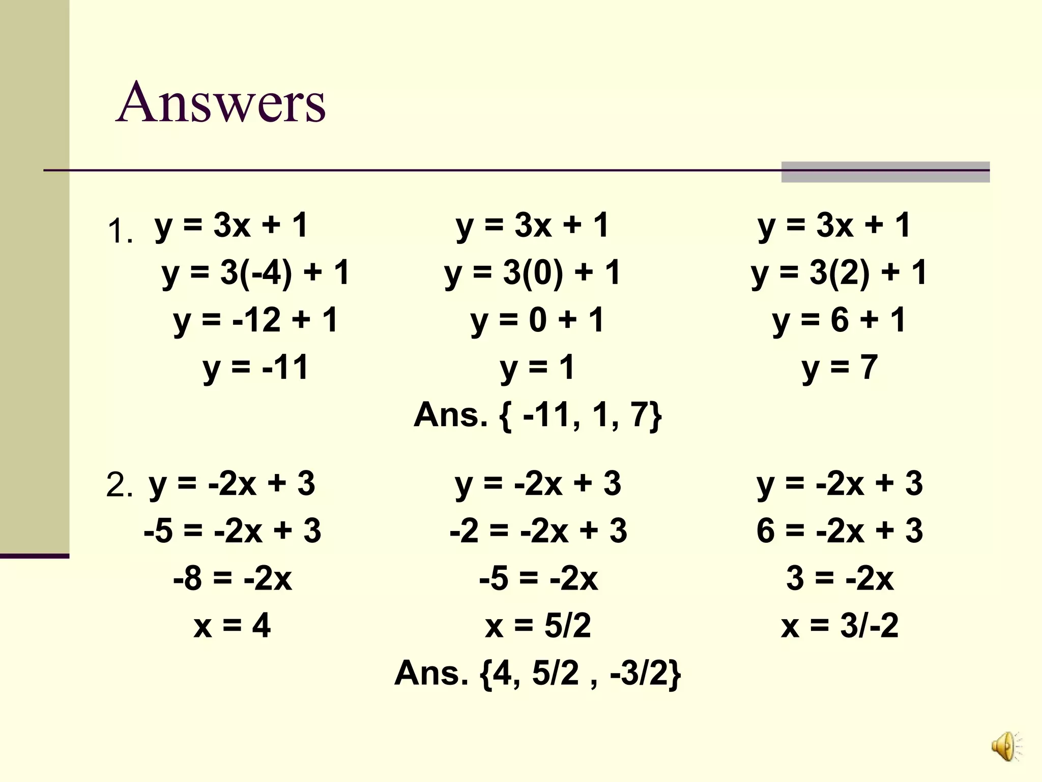 Answers
1. y = 3x + 1
y = 3(-4) + 1
y = -12 + 1
y = -11
2. y = -2x + 3
-5 = -2x + 3
-8 = -2x
x=4

y = 3x + 1
y = 3(0) + 1
y=0+1
y=1
Ans. { -11, 1, 7}

y = 3x + 1
y = 3(2) + 1
y=6+1
y=7

y = -2x + 3
-2 = -2x + 3
-5 = -2x
x = 5/2
Ans. {4, 5/2 , -3/2}

y = -2x + 3
6 = -2x + 3
3 = -2x
x = 3/-2

 